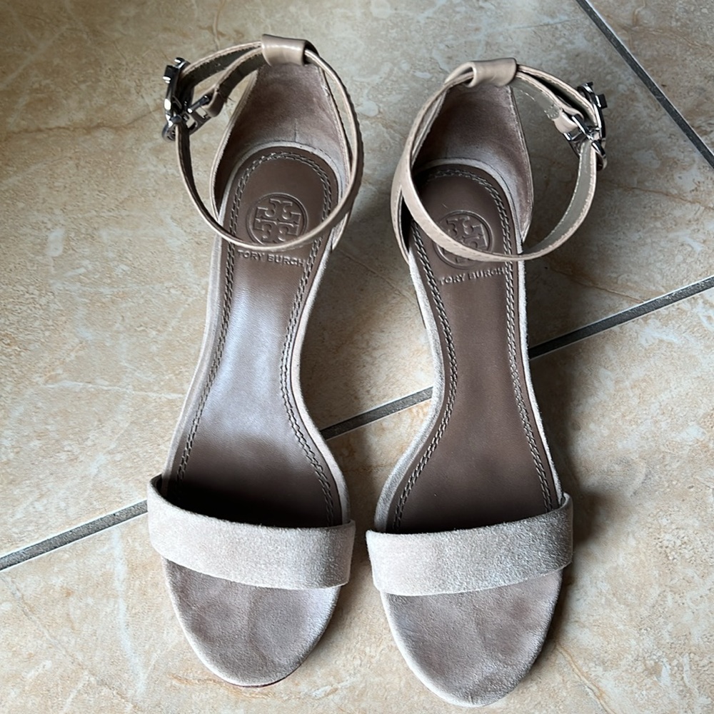 Tory Burch suede and leather wedge sandals.